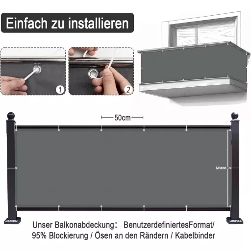 ECIT Erkély Takaró Háló 90x300 cm - Antracit Poliészter Balkonvédő, UV-álló, Időjárásálló Belátásgátló Háló Erkélyre, Kültéri Korlátra Kábel