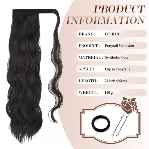 FESHFEN Lófarok Haj Hosszabbítás Hullámos Göndör Csipeszes 60cm Sötét Barna