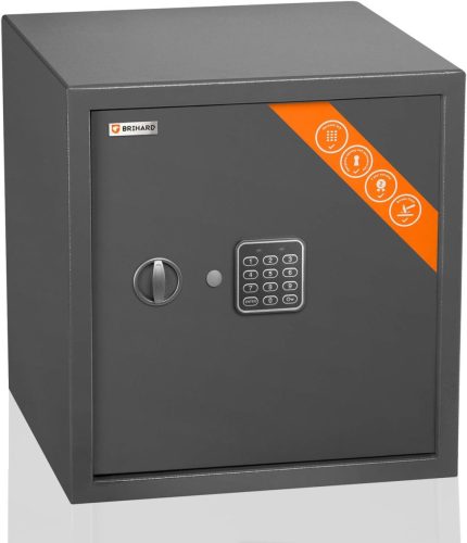 Brihard Business EL Elektronický trezor - 57 litrový oceľový pancierový trezor, titánová sivá, digitálny zámok, LED displej, montáž na stenu a podlahu