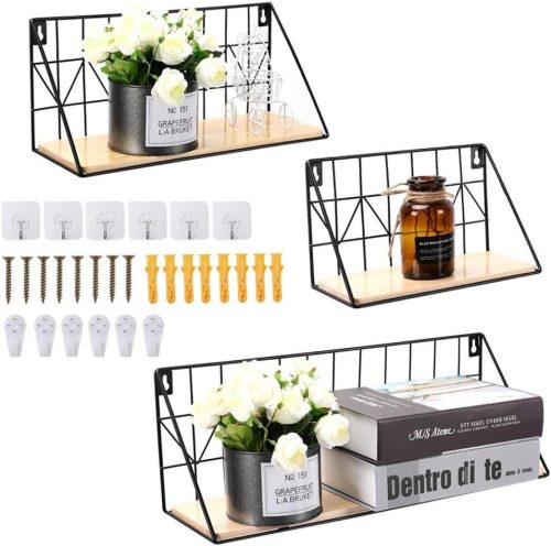 Set de rafturi vintage din lemn cu cadru metalic - Decor de perete, 3 piese