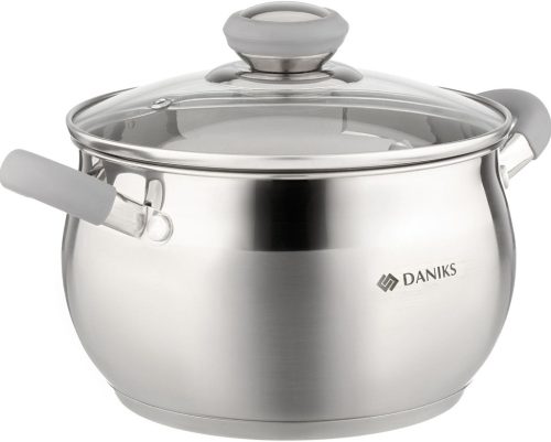 Oală din oțel inoxidabil Daniks 2,9L cu capac de sticlă - Vas compatibil cu plitele cu inducție, cu mânere din silicon, lavabil în mașina de spălat vase