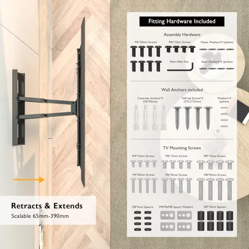 Bontec TV Fali Tartó 32-80 Colos Lapos és Ívelt Képernyőkhöz, Dönthető-Forgatható, 60 kg Teherbírás, VESA 600x400 mm Kompatibilis