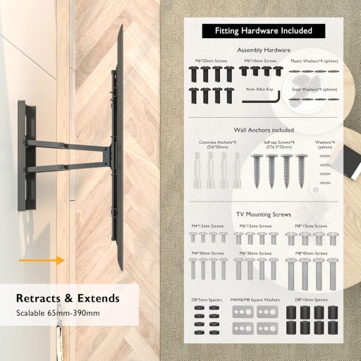Bontec TV Fali Tartó 32-80 Colos Lapos és Ívelt Képernyőkhöz, Dönthető-Forgatható, 60 kg Teherbírás, VESA 600x400 mm Kompatibilis