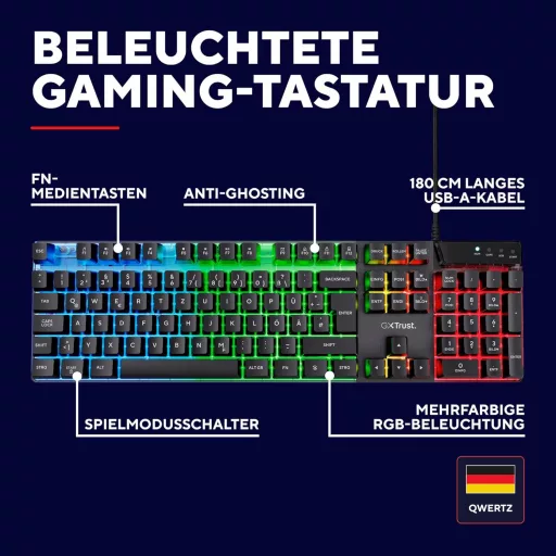 Trust Gaming GXT 835 Azor Gamer Billentyűzet RGB Világítással, Német QWERTZ, Teljes Méret