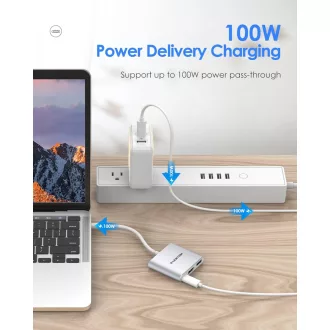   LENTION 3-v-1 USB C Hub s HDMI, USB 3.0 a Type C portami – kompatibilný s MacBook Pro/Air, Surface – Strieborný multiportový adaptér s rýchlonabíjaním