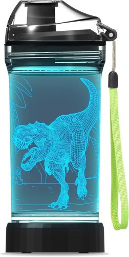 Lightzz Dinoszaurusz Gyerek Kulacs 3D LED Világítással - 14oz/397ml BPA-mentes Tritan - Iskolai, Túra, Kemping Ivópalack Fiúknak 3-15 Évesek