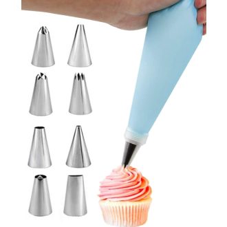   ILLUVA 8 részes rozsdamentes acél habzsák készlet sütemény díszítéshez - torta, muffin, keksz dekorációs szett