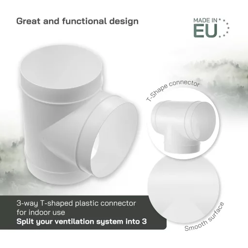 Vent Systems racord T de 100 mm pentru ventilație, adaptor conductă de aer ABS, distribuitor cu trei căi