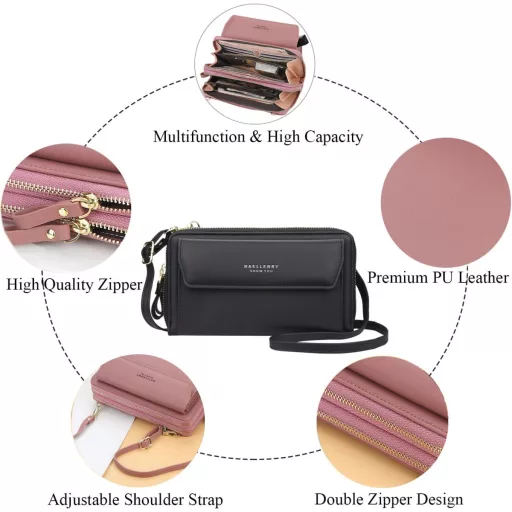 Yixuan Női Keresztpántos Telefontartó Táska - Dupla Cipzáras PU Bőr Válltáska Állítható Pánttal és Kártyatartóval