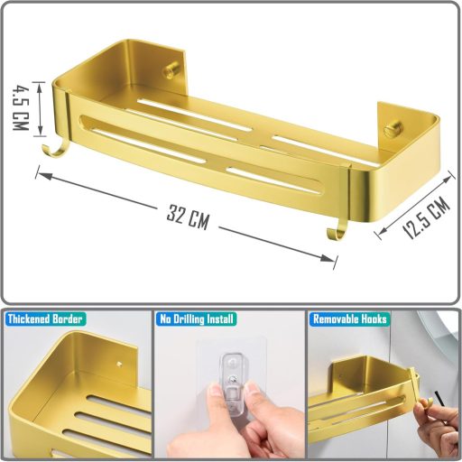 maifey Fúrás Nélküli Zuhanyzó Polc Szett, Arany Fürdőszoba Szervezőrendszer Horgokkal, Alumínium Fürdőszobai Polcok 2 db
