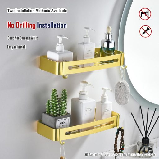 maifey Fúrás Nélküli Zuhanyzó Polc Szett, Arany Fürdőszoba Szervezőrendszer Horgokkal, Alumínium Fürdőszobai Polcok 2 db