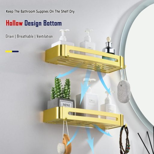 maifey Fúrás Nélküli Zuhanyzó Polc Szett, Arany Fürdőszoba Szervezőrendszer Horgokkal, Alumínium Fürdőszobai Polcok 2 db