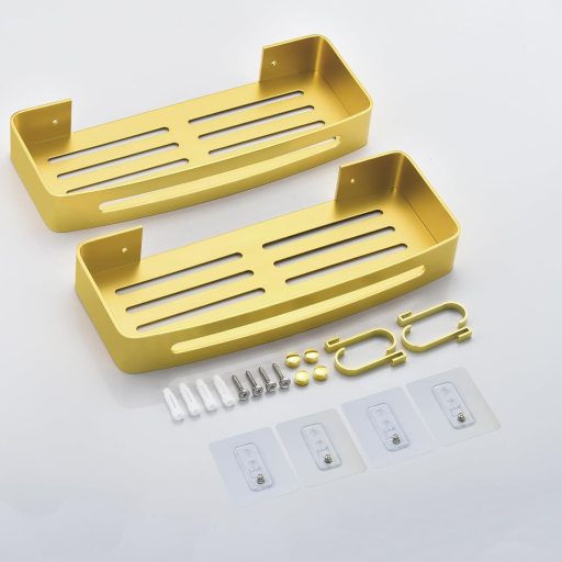 maifey Fúrás Nélküli Zuhanyzó Polc Szett, Arany Fürdőszoba Szervezőrendszer Horgokkal, Alumínium Fürdőszobai Polcok 2 db