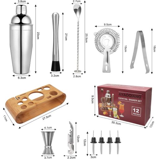 Luxus 12 részes koktélkészítő szett rozsdamentes acélból, fa állvánnyal