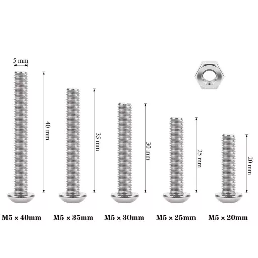 ABSOK Set 100 buc Șuruburi hexagonale M5, 20-40mm, oțel inoxidabil 304, filet complet, șuruburi mecanice cu finisaj lucios
