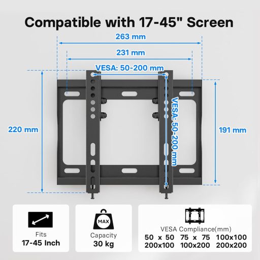 BONTEC TV Nástenný držiak pre 17-45 palcové LED LCD OLED obrazovky, Sklápacia konzola s nosnosťou 30 kg, VESA 200x200 mm, S vodováhou