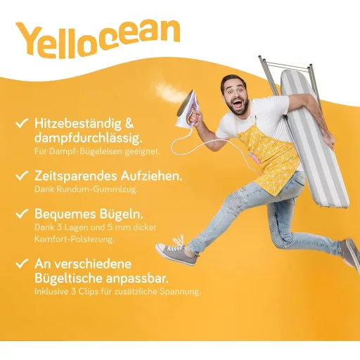 Husă pentru masa de călcat Yellocean 120x40cm, căptușită, cu elastic, gri-alb