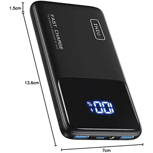 INIU 10500mAh Power Bank 18W PD3.0 QC4.0 LED kijelzővel, telefontartóval és zseblámpa funkcióval - Klassische Größe, black