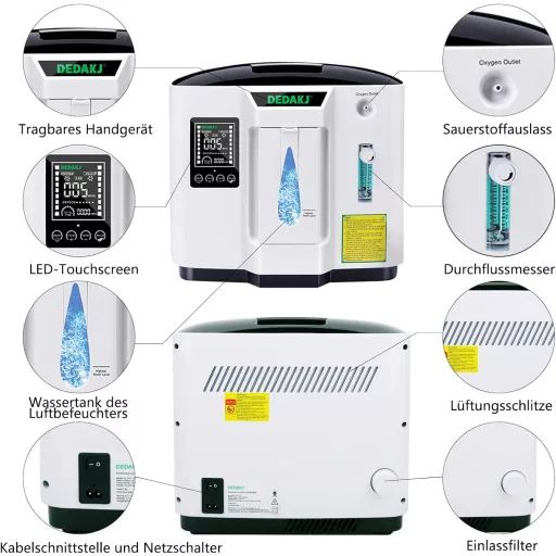 DEDAKJ Hordozható Oxigénkoncentrátor 1-7 L/min Otthoni Használatra Távirányítóval - Black + White