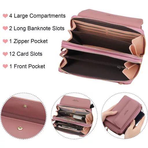 Yixuan ženska torbica za mobitel s podesivim remenom - zelena PU kožna torba za rame s držačem kartica i dvostrukim patentnim zatvaračem