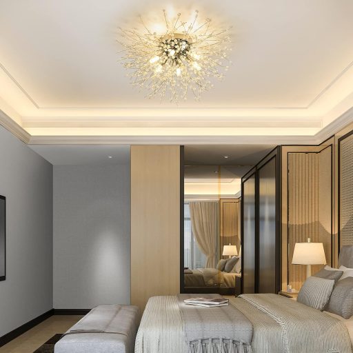 Lustră Modernă de Plafon cu Cristale Rayofly - 50cm Design Artificii, Candelabru cu 6 Becuri, Metal Cromat, Dimabilă, pentru Living, Dormitor, Sufragerie