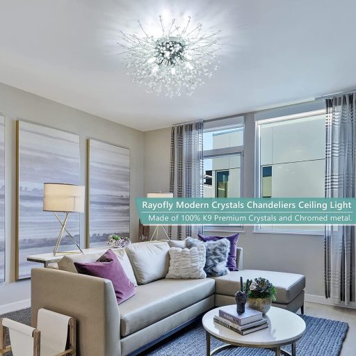 Lustră Modernă de Plafon cu Cristale Rayofly - 50cm Design Artificii, Candelabru cu 6 Becuri, Metal Cromat, Dimabilă, pentru Living, Dormitor, Sufragerie