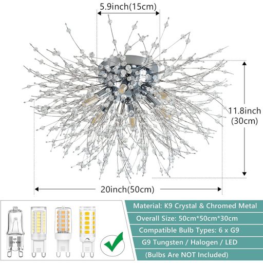 Rayofly Modern Kristály Mennyezeti Lámpa - 50cm Tűzijáték Dizájn, 6 Izzós Csillár, Króm Fém, Fényerőszabályozható, Nappali, Hálószoba, Étkez