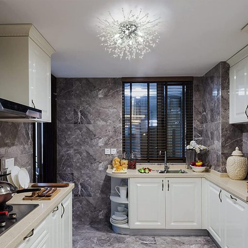 Lustră Modernă de Plafon cu Cristale Rayofly - 50cm Design Artificii, Candelabru cu 6 Becuri, Metal Cromat, Dimabilă, pentru Living, Dormitor, Sufragerie