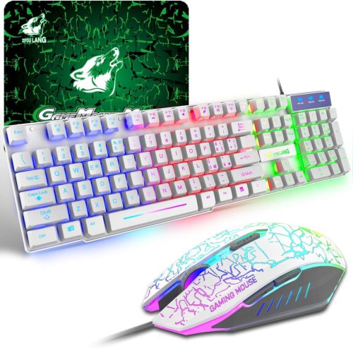 ZIYOU LANG Gamer Billentyűzet és Egér Szett - Fehér, RGB LED Háttérvilágítás, 2400 DPI, Vízálló, 6 Gombos Egér, Egérpad, USB, PS4/Xbox Kompa