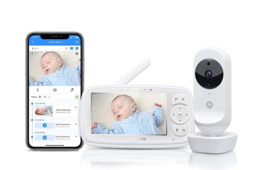 Baby monitor Motorola VM44 Connect WiFi cu cameră - Ecran HD de 4,3", vedere nocturnă, cântece de leagăn, monitorizare temperatură, aplicație pentru smartphone - Alb