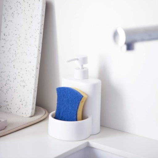 KOOK TIME Matt Kerámia Mosogatószer Adagoló Szivacstartóval - Kompakt Mosogató Szervező Konyhai és Fürdőszobai Használatra, 10x11,5x18 cm, S