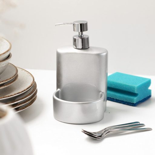 Dozator de săpun lichid cu burete Kook Time Ceramică Matt - Organizator de chiuvetă compact pentru bucătărie și baie, 10x11,5x18 cm, Gri