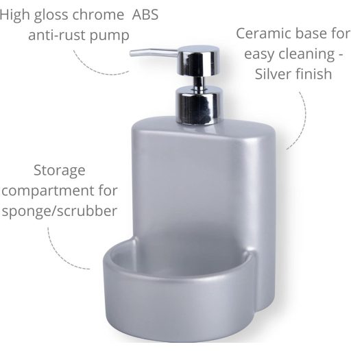 Dozator de săpun lichid cu burete Kook Time Ceramică Matt - Organizator de chiuvetă compact pentru bucătărie și baie, 10x11,5x18 cm, Gri