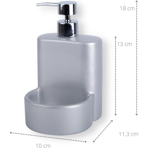 Dozator de săpun lichid cu burete Kook Time Ceramică Matt - Organizator de chiuvetă compact pentru bucătărie și baie, 10x11,5x18 cm, Gri