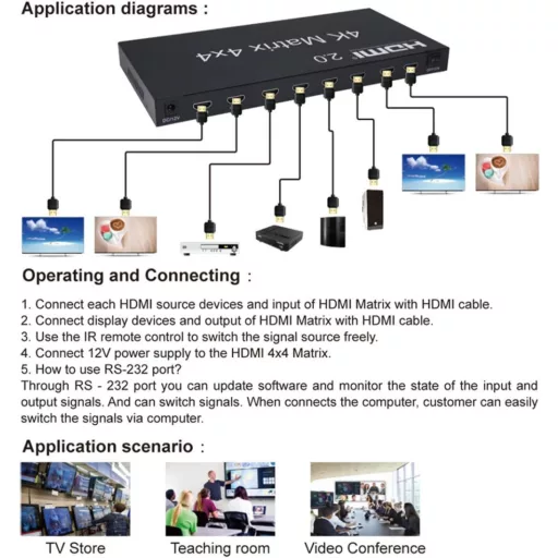 XYKJOBC HDMI Matrix 4x4 - 4K 60Hz Elosztó, 4 Bemenet 4 Kimenet, RS232 EDID Kapcsoló, Kompatibilis TV, Projektor, DVD Lejátszó
