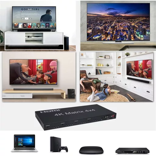 XYKJOBC HDMI Matrix 4x4 - 4K 60Hz Elosztó, 4 Bemenet 4 Kimenet, RS232 EDID Kapcsoló, Kompatibilis TV, Projektor, DVD Lejátszó