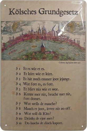 Placă de tablă cu relief retro "Kölsche Grundgesetz" în limba germană