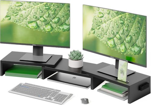 Suport dublu pentru monitor BONTEC - Organizator reglabil pe înălțime și unghi din lemn pentru birou, cu suport pentru telefon, organizator de cabluri, pentru monitor PC, laptop, 5