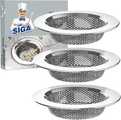 MR.SIGA Rozsdamentes Acél Mosogató Szűrő Készlet - 4,4" Külső Átmérő, 3 Darabos Konyhai Lefolyószűrő Szett, Polírozott Ezüst