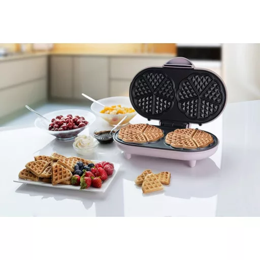 Bestron Dvojitý vafľovač na vafle v tvare srdca, s nepriľnavým povrchom, 1000 W, ružový