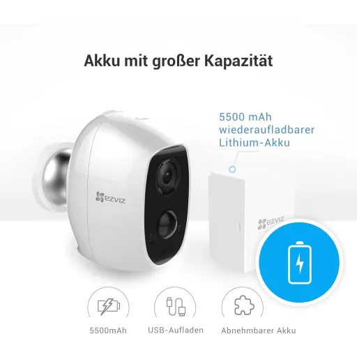 Cameră de securitate wireless de exterior EZVIZ C3A cu rezoluție 1080P, baterie de 5500 mAh, detectare a mișcării și audio bidirecțional, IP6