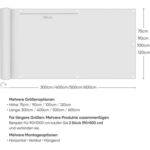 Sekey Balkónová zástena, obojstranná, ochrana proti vetru a UV žiareniu, sivá, 75x600 cm, s okami