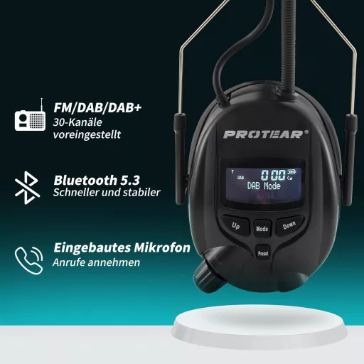 PROTEAR Bluetooth 5.3 štitnik za uši sa zaštitom sluha, DAB+/FM radio, punjiva baterija, SNR 30dB