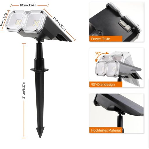 da LIGHT Napelemes Kerti Lámpa LED, Dimmelhető Spotlámpa Meleg és Hideg Fehér, IP65 Vízálló, 2 db Talajszeg és Fali Tartóval