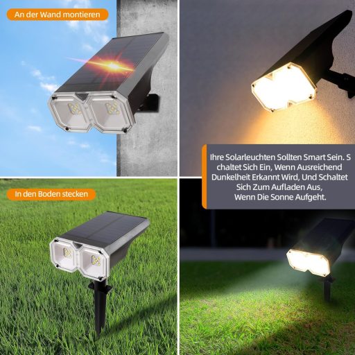 da LIGHT Napelemes Kerti Lámpa LED, Dimmelhető Spotlámpa Meleg és Hideg Fehér, IP65 Vízálló, 2 db Talajszeg és Fali Tartóval