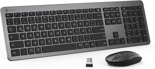 iClever Vezeték Nélküli Billentyűzet és Egér Szett - Újratölthető, Ultravékony, Csendes, QWERTZ Kiosztású PC/Laptop Billentyűzet, Szürke