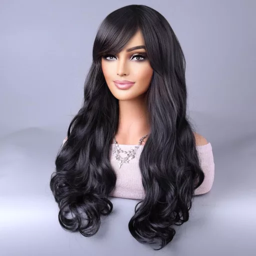YEESHEDO dlhá vlnitá čierna parochňa 80 cm s ofinou na cosplay kostým