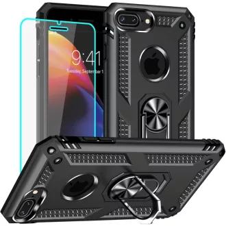   Yiakeng iPhone 8 Plus/7 Plus Ütésálló Tok Képernyővédővel és Gyűrűs Tartóval Fekete