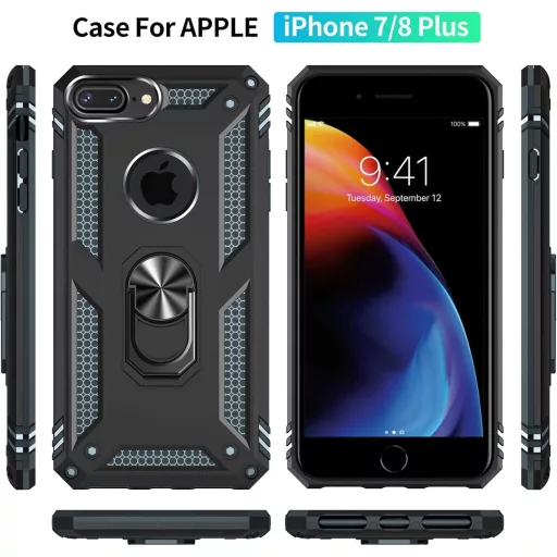 Yiakeng iPhone 8 Plus/7 Plus Ütésálló Tok Képernyővédővel és Gyűrűs Tartóval Fekete
