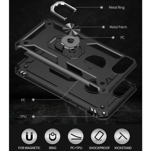 Yiakeng iPhone 8 Plus/7 Plus Ütésálló Tok Képernyővédővel és Gyűrűs Tartóval Fekete
